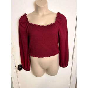 burgundy smock knit top Shirred Square Neck Blouse crop from the buckle x-large